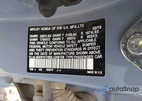 2020 Honda Civic Ex from USA, damaged, VIN SHHFK7H60LU206168